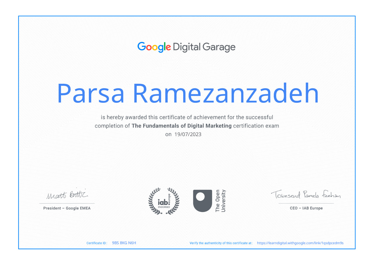 Digitalgarage Certificate - Parsa Ramezanzadeh