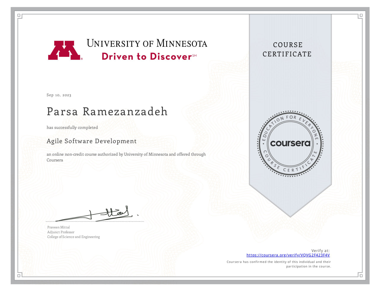 Completion Certificate for Agile Software Development from Coursera by Parsa Ramezanzadeh